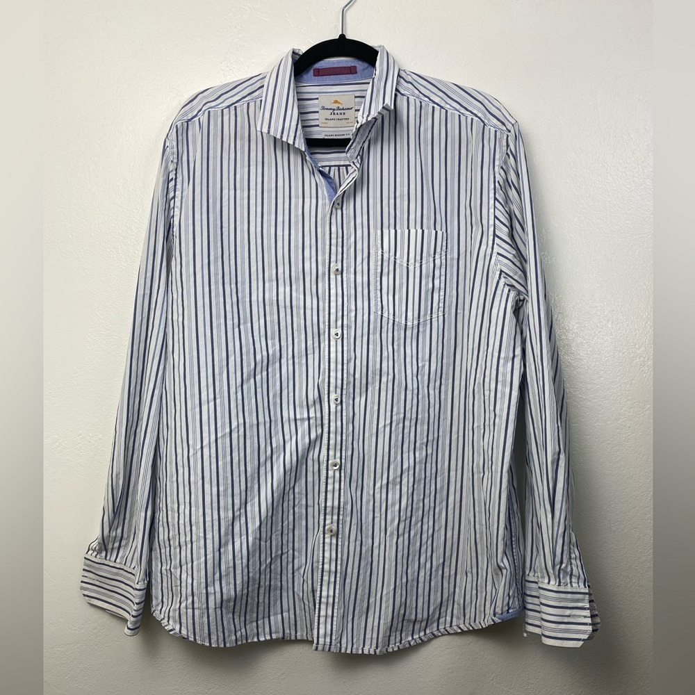 Tommy Bahama Island Modern Fit White Blue Long Sleeve Button Down Shirt Men’s XL